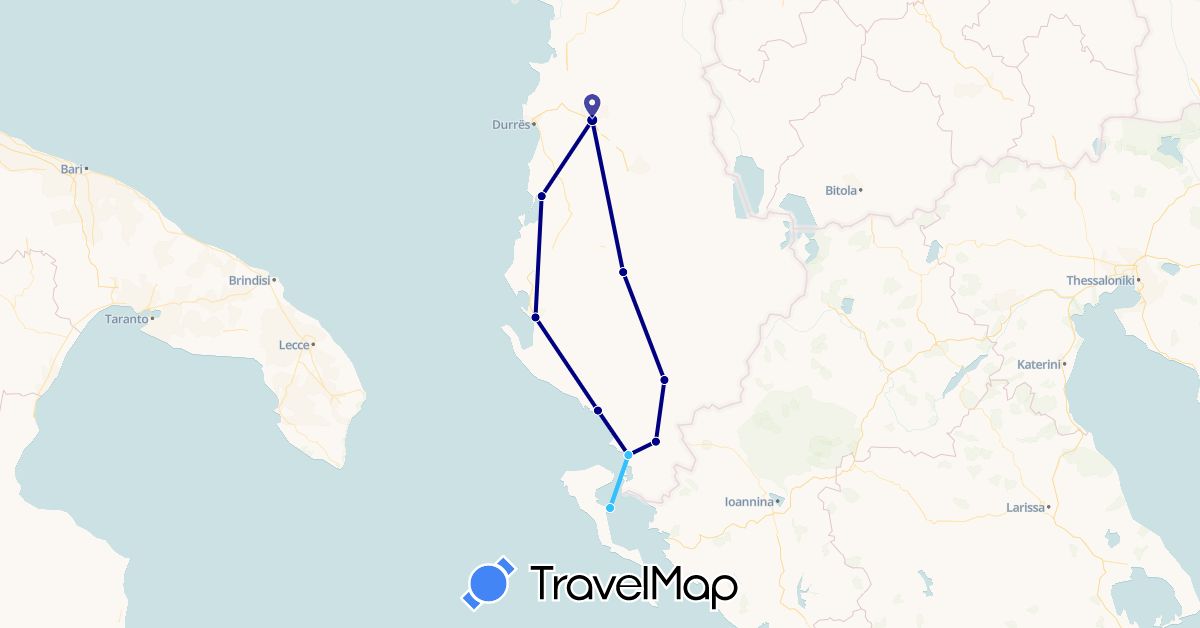 TravelMap itinerary: driving, boat in Albania, Greece (Europe)